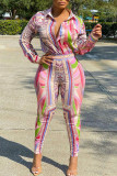 Pink Casual Print Patchwork Buckle Turndown Collar Long Sleeve Two Pieces