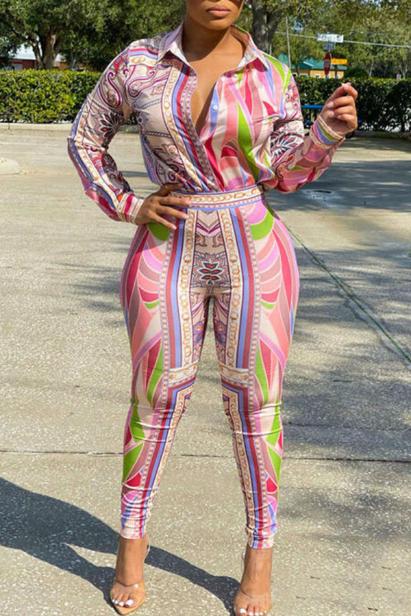 Pink Casual Print Patchwork Buckle Turndown Collar Long Sleeve Two Pieces