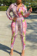 Pink Casual Print Patchwork Buckle Turndown Collar Long Sleeve Two Pieces