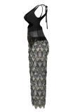 Pink Sexy Patchwork Bandage Hollowed Out Sequins Backless V Neck Sleeveless Dress
