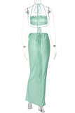 Green Sexy Solid Patchwork Halter Sleeveless Two Pieces