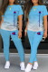 Light Blue Casual Gradual Change Print Letter O Neck Short Sleeve Two Pieces