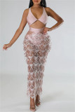 Pink Sexy Patchwork Bandage Hollowed Out Sequins Backless V Neck Sleeveless Dress