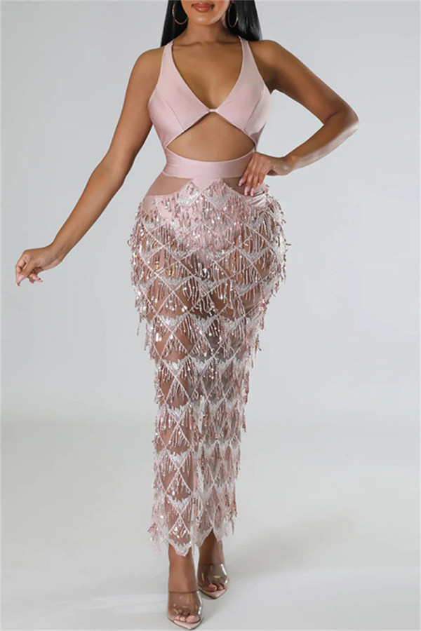 Pink Sexy Patchwork Bandage Hollowed Out Sequins Backless V Neck Sleeveless Dress