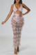 Pink Sexy Patchwork Bandage Hollowed Out Sequins Backless V Neck Sleeveless Dress