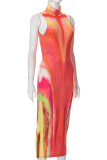 Red Sexy Patchwork Tie-dye Halter Pencil Skirt Dresses