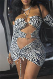 Black Sexy Print Bandage Hollowed Out Strapless Long Sleeve Dresses