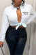 White Casual Letter Print Bandage V Neck Tops