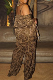 Glitter Gold Casual Print Patchwork Buckle Turndown Collar Long Sleeve Three Pieces