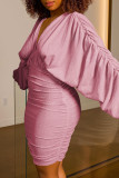 Pink Casual Street Solid Patchwork Fold Asymmetrical V Neck One Step Skirt Dresses