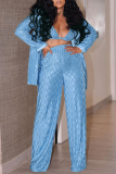 Blue Casual Solid Patchwork Turndown Collar Long Sleeve Three Pieces