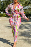 Pink Casual Print Patchwork Buckle Turndown Collar Long Sleeve Two Pieces