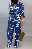 Blue Casual Letter Print Patchwork V Neck Regular Jumpsuits