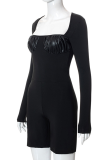 Black Sexy Solid Patchwork Square Collar Skinny Rompers