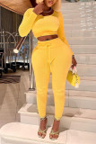 Yellow Casual Solid Patchwork O Neck Long Sleeve Two Pieces