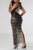 Pink Sexy Patchwork Bandage Hollowed Out Sequins Backless V Neck Sleeveless Dress