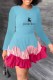 Blue Sweet Print Patchwork O Neck Pleated Dresses