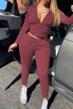 Burgundy Casual Solid Patchwork Zipper Hooded Collar Long Sleeve Two Pieces