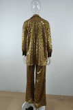 Glitter Gold Casual Print Patchwork Buckle Turndown Collar Long Sleeve Three Pieces