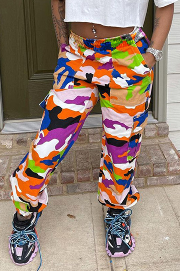 Pink Casual Camouflage Print Patchwork Harlan Mid Waist Harlan Full Print Bottoms