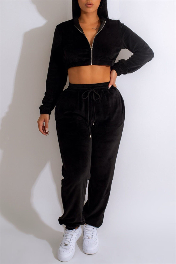 Black Casual Solid Patchwork Zipper Collar Long Sleeve Two Pieces