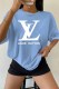 Baby Blue Casual Print Letter O Neck T-Shirts