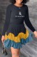Blue Black Sweet Print Patchwork O Neck Pleated Dresses