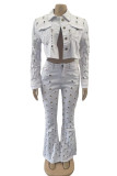White Casual Solid Ripped Patchwork Turndown Collar Long Sleeve Two Pieces