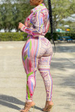 Pink Casual Print Patchwork Buckle Turndown Collar Long Sleeve Two Pieces