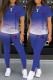 Blue Casual Gradual Change Print Letter O Neck Short Sleeve Two Pieces