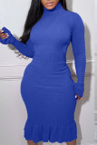 Yellow Sexy Solid Bandage Patchwork Backless Flounce Turtleneck Trumpet Mermaid Dresses
