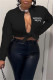 Black Casual Letter Print Bandage V Neck Tops