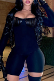 Black Sexy Solid Patchwork Square Collar Skinny Rompers