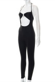 Black Sexy Casual Solid Bandage Hollowed Out Backless Halter Skinny Jumpsuits