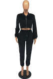 Pink Casual Solid Patchwork Zipper Collar Long Sleeve Two Pieces
