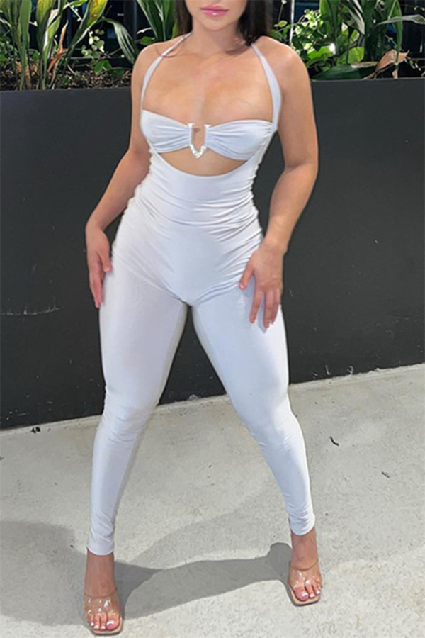 White Sexy Casual Solid Bandage Hollowed Out Backless Halter Skinny Jumpsuits