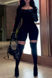 Black Sexy Solid Patchwork Square Collar Skinny Rompers