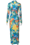 Green Sexy Print Patchwork Turndown Collar Pencil Skirt Dresses