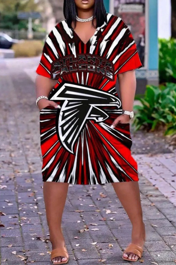 Red Street Print Patchwork V Neck Straight Dresses