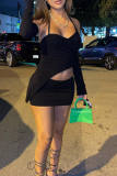 Black Sexy Solid Hollowed Out Halter Long Sleeve Two Pieces