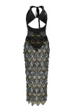 Pink Sexy Patchwork Bandage Hollowed Out Sequins Backless V Neck Sleeveless Dress