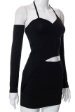 Black Sexy Solid Hollowed Out Halter Long Sleeve Two Pieces
