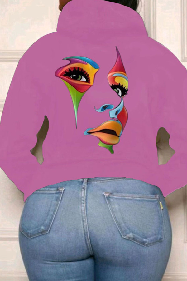 Pink Casual Street Print Patchwork Hooded Collar Tops