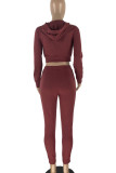 Burgundy Casual Solid Patchwork Zipper Hooded Collar Long Sleeve Two Pieces