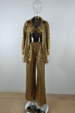 Glitter Gold Casual Print Patchwork Buckle Turndown Collar Long Sleeve Three Pieces