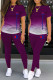 Purple Casual Gradual Change Print Letter O Neck Short Sleeve Two Pieces