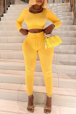 Yellow Casual Solid Patchwork O Neck Long Sleeve Two Pieces