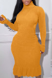 Yellow Sexy Solid Bandage Patchwork Backless Flounce Turtleneck Trumpet Mermaid Dresses