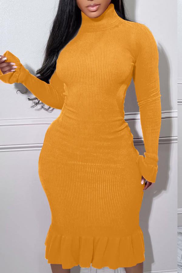 Yellow Sexy Solid Bandage Patchwork Backless Flounce Turtleneck Trumpet Mermaid Dresses