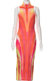 Red Sexy Patchwork Tie-dye Halter Pencil Skirt Dresses
